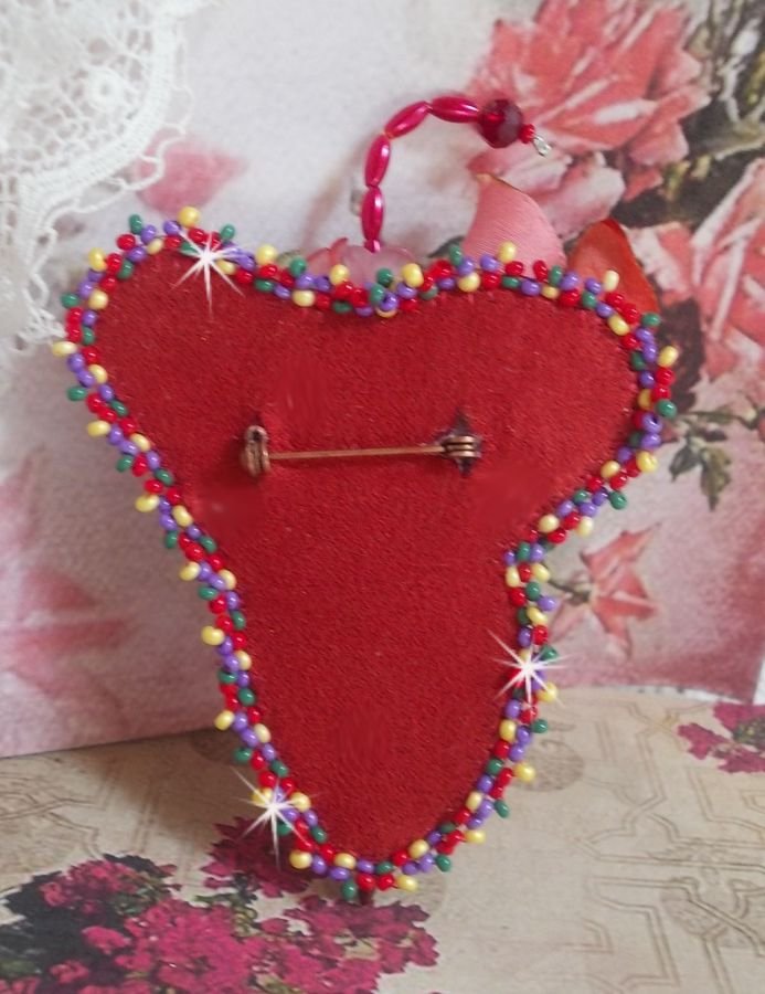 Ruby Umbrella brooch embroidered with a red silk ribbon, Swarovski crystals, Lucite flowers, Bohemian glass beads and seed beads