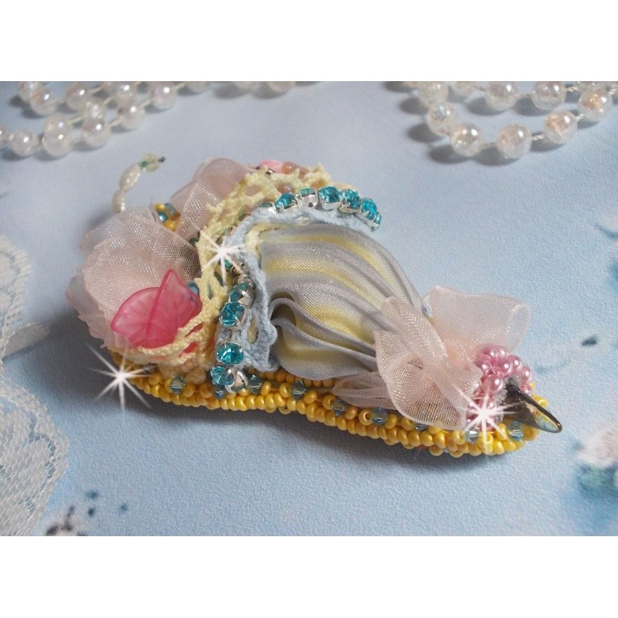 Flower Umbrella Brooch embroidered with Grey/Yellow silk ribbon, Swarovski crystals, Lucite flowers, Mother of Pearl beads, lace and seed beads