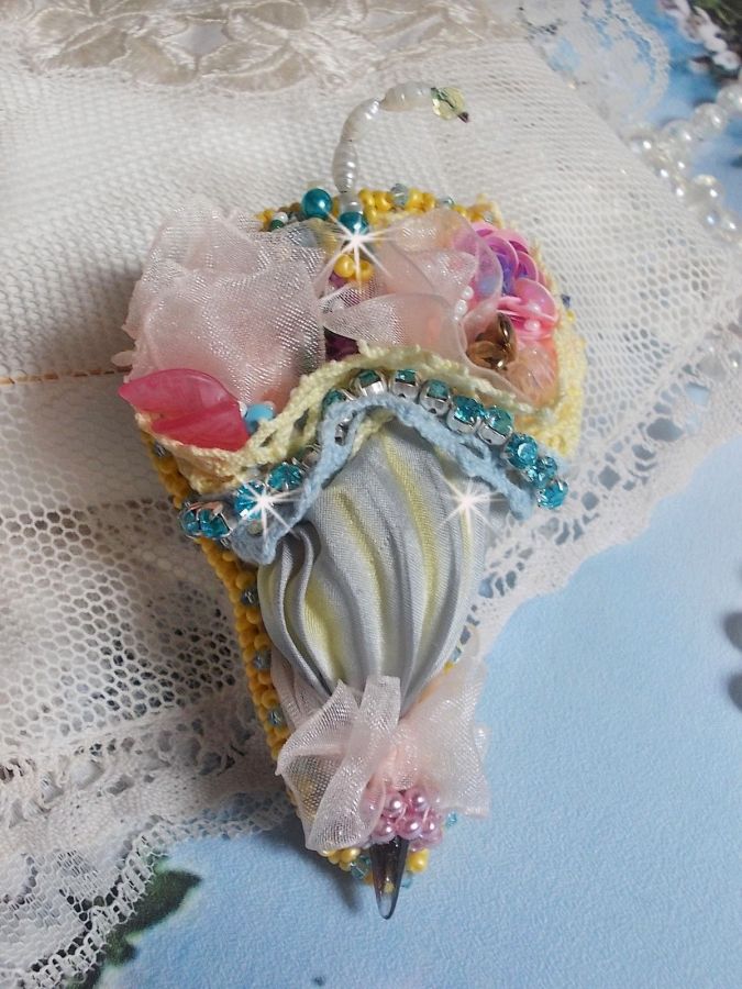 Flower Umbrella Brooch embroidered with Grey/Yellow silk ribbon, Swarovski crystals, Lucite flowers, Mother of Pearl beads, lace and seed beads