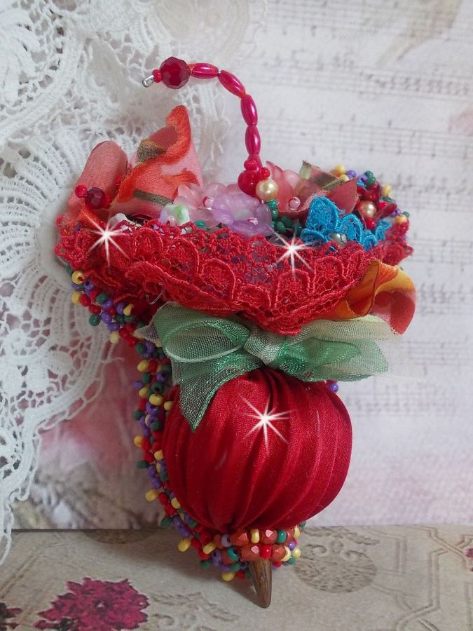 Ruby Umbrella brooch embroidered with a red silk ribbon, Swarovski crystals, Lucite flowers, Bohemian glass beads and seed beads