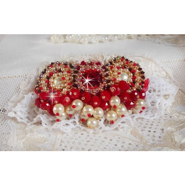 Ruby brooch embroidered with a 1960's bohemian glass cabochon, pearls, Swarovski crystals and seed beads