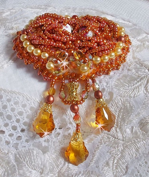 Rumba brooch embroidered with Swarovski crystals, rhinestones, Tangerine navettes, round beads and seed beads