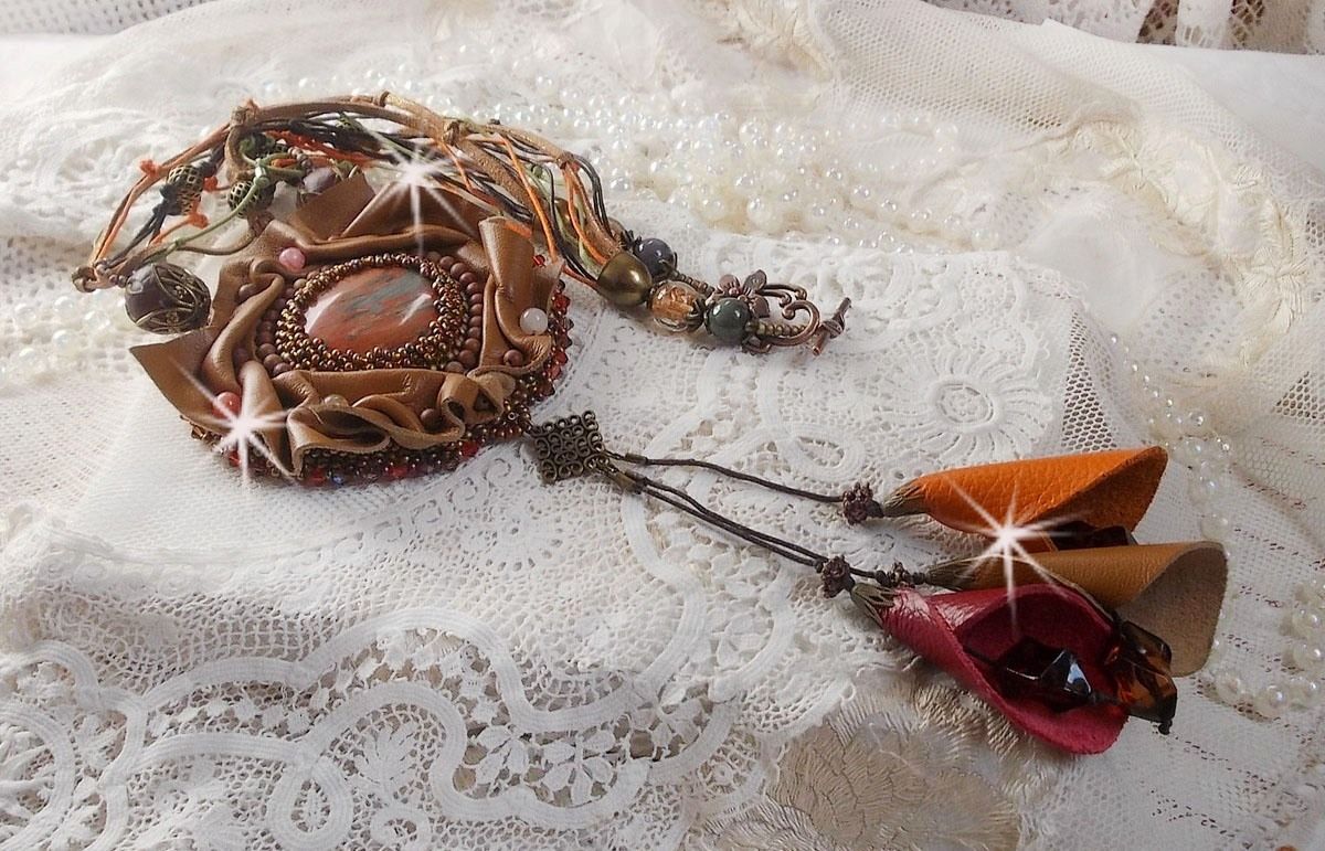 Amber Romance Necklace Embroidered with Caramel/Orange/Mahogany leather, semi-precious gemstones (Agate, Citrine, Picasso Jasper) and Swarovski Crystals