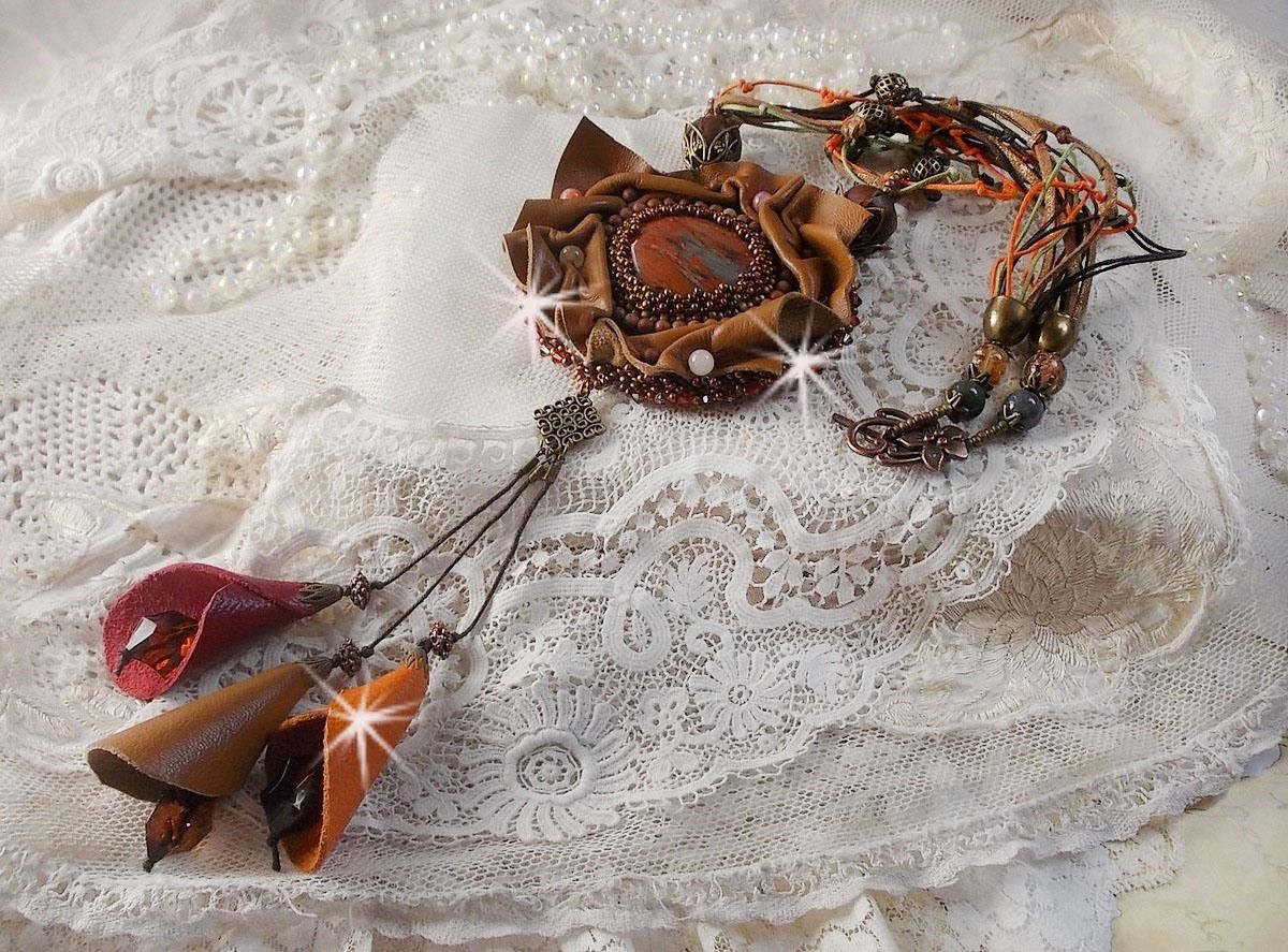 Amber Romance Necklace Embroidered with Caramel/Orange/Mahogany leather, semi-precious gemstones (Agate, Citrine, Picasso Jasper) and Swarovski Crystals