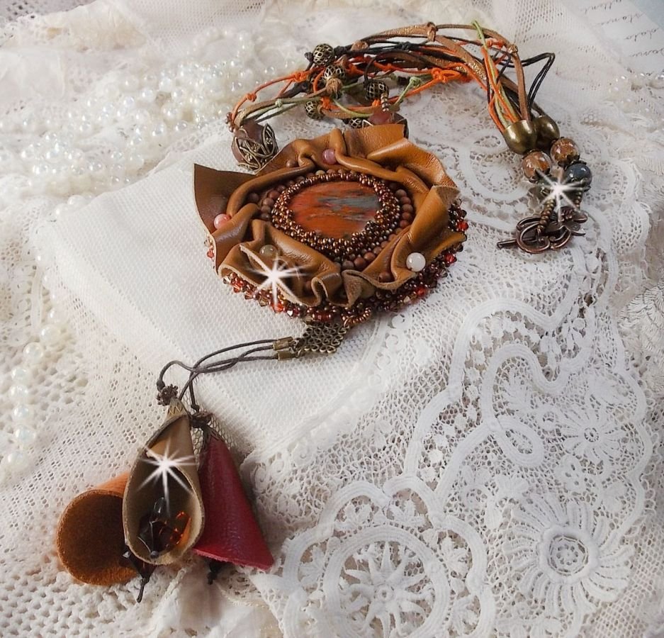 Amber Romance Necklace Embroidered with Caramel/Orange/Mahogany leather, semi-precious gemstones (Agate, Citrine, Picasso Jasper) and Swarovski Crystals