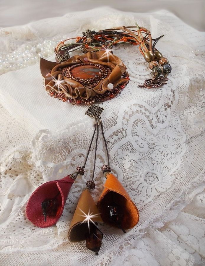 Amber Romance Necklace Embroidered with Caramel/Orange/Mahogany leather, semi-precious gemstones (Agate, Citrine, Picasso Jasper) and Swarovski Crystals