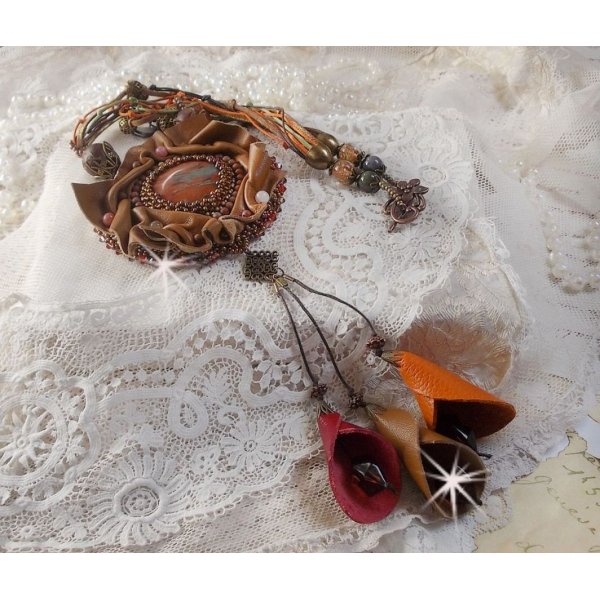 Amber Romance Necklace Embroidered with Caramel/Orange/Mahogany leather, semi-precious gemstones (Agate, Citrine, Picasso Jasper) and Swarovski Crystals