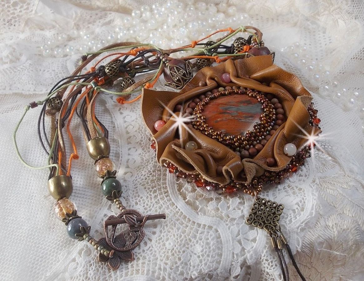 Amber Romance Necklace Embroidered with Caramel/Orange/Mahogany leather, semi-precious gemstones (Agate, Citrine, Picasso Jasper) and Swarovski Crystals