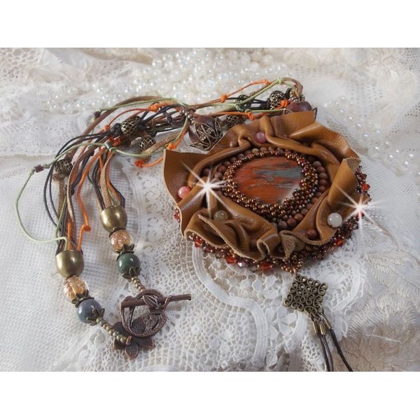 Amber Romance Necklace Embroidered with Caramel/Orange/Mahogany leather, semi-precious gemstones (Agate, Citrine, Picasso Jasper) and Swarovski Crystals