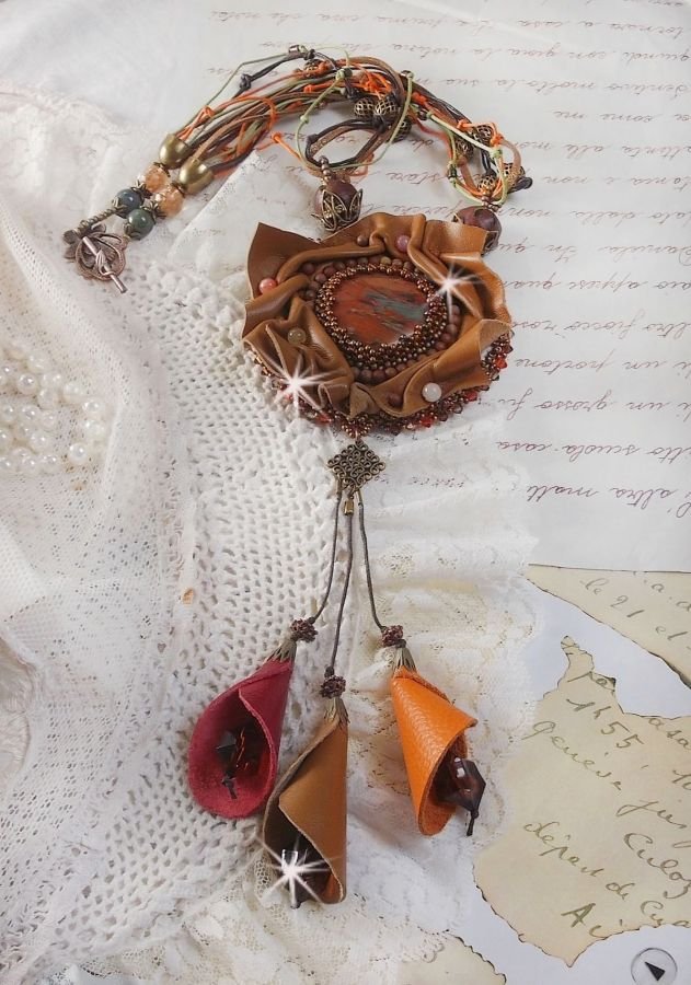 Amber Romance Necklace Embroidered with Caramel/Orange/Mahogany leather, semi-precious gemstones (Agate, Citrine, Picasso Jasper) and Swarovski Crystals