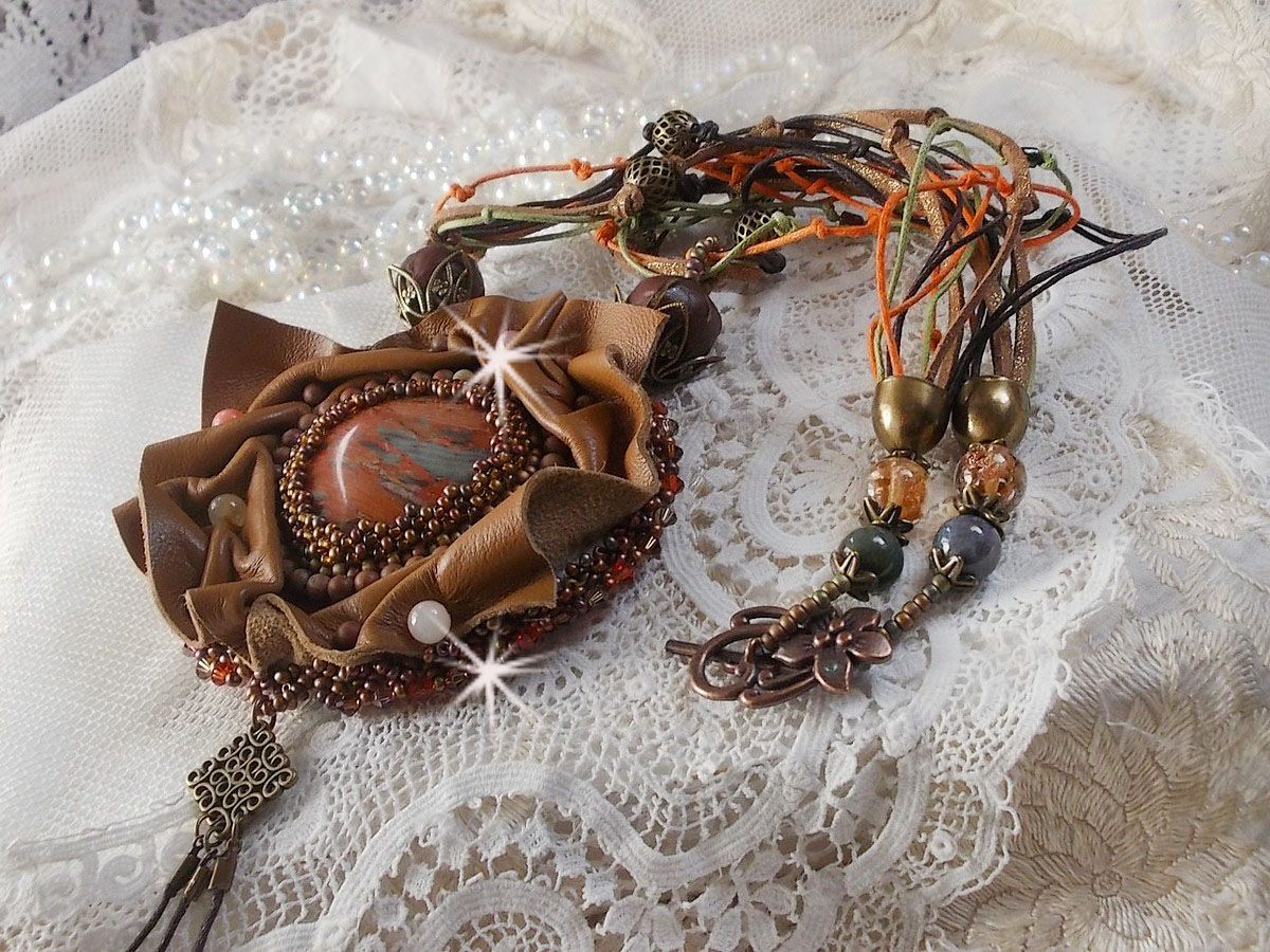 Amber Romance Necklace Embroidered with Caramel/Orange/Mahogany leather, semi-precious gemstones (Agate, Citrine, Picasso Jasper) and Swarovski Crystals