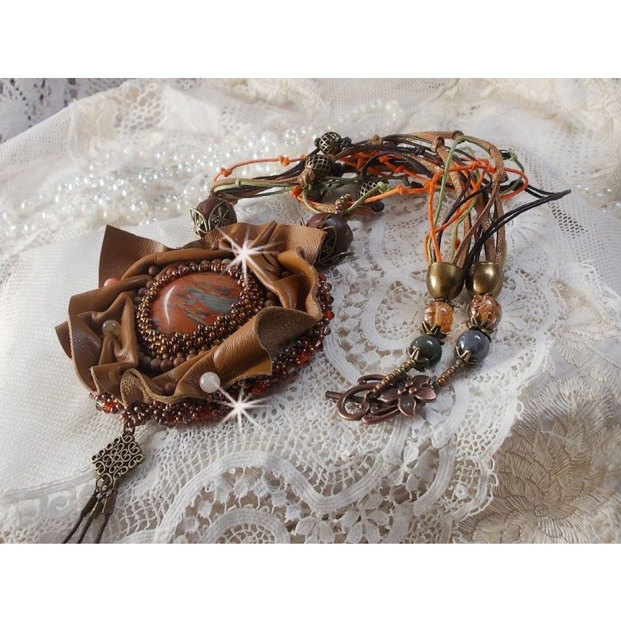 Amber Romance Necklace Embroidered with Caramel/Orange/Mahogany leather, semi-precious gemstones (Agate, Citrine, Picasso Jasper) and Swarovski Crystals