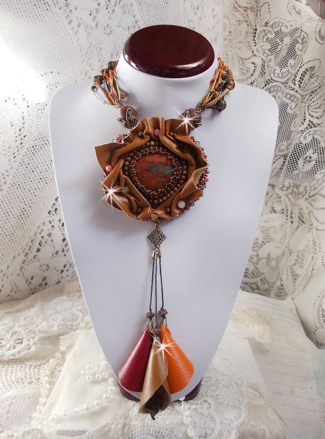 Amber Romance Necklace Embroidered with Caramel/Orange/Mahogany leather, semi-precious gemstones (Agate, Citrine, Picasso Jasper) and Swarovski Crystals