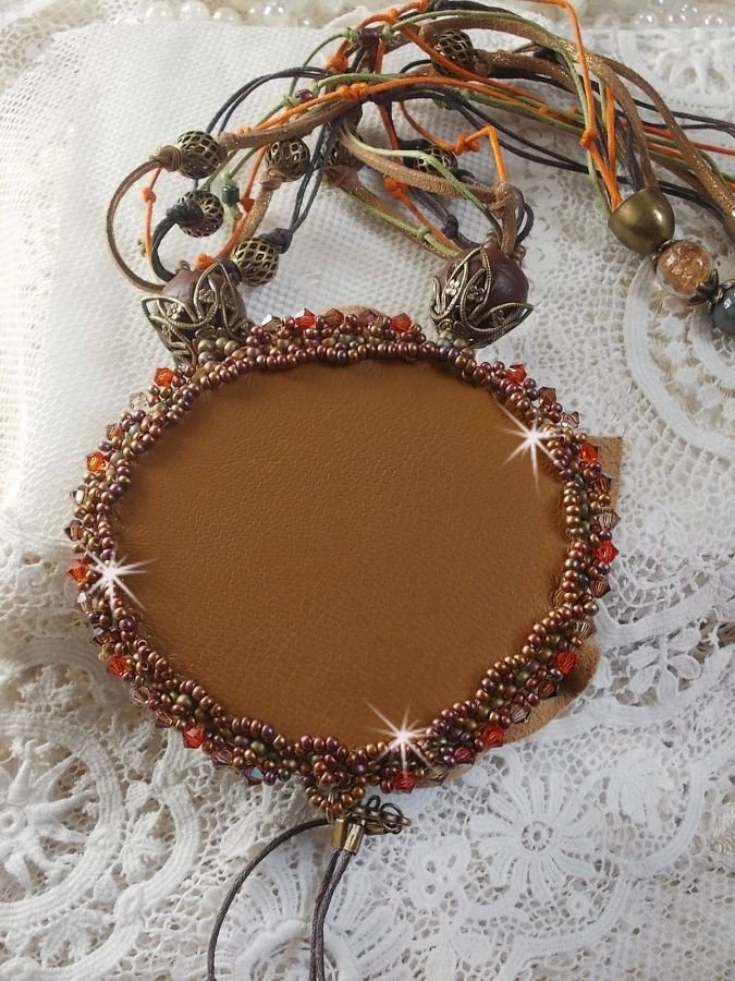 Amber Romance Necklace Embroidered with Caramel/Orange/Mahogany leather, semi-precious gemstones (Agate, Citrine, Picasso Jasper) and Swarovski Crystals