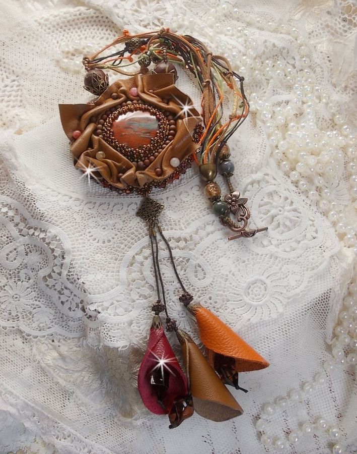 Amber Romance Necklace Embroidered with Caramel/Orange/Mahogany leather, semi-precious gemstones (Agate, Citrine, Picasso Jasper) and Swarovski Crystals