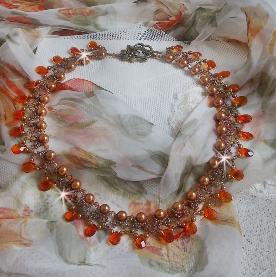 Amber necklace with Swarovski crystal pearls and faceted glass drops