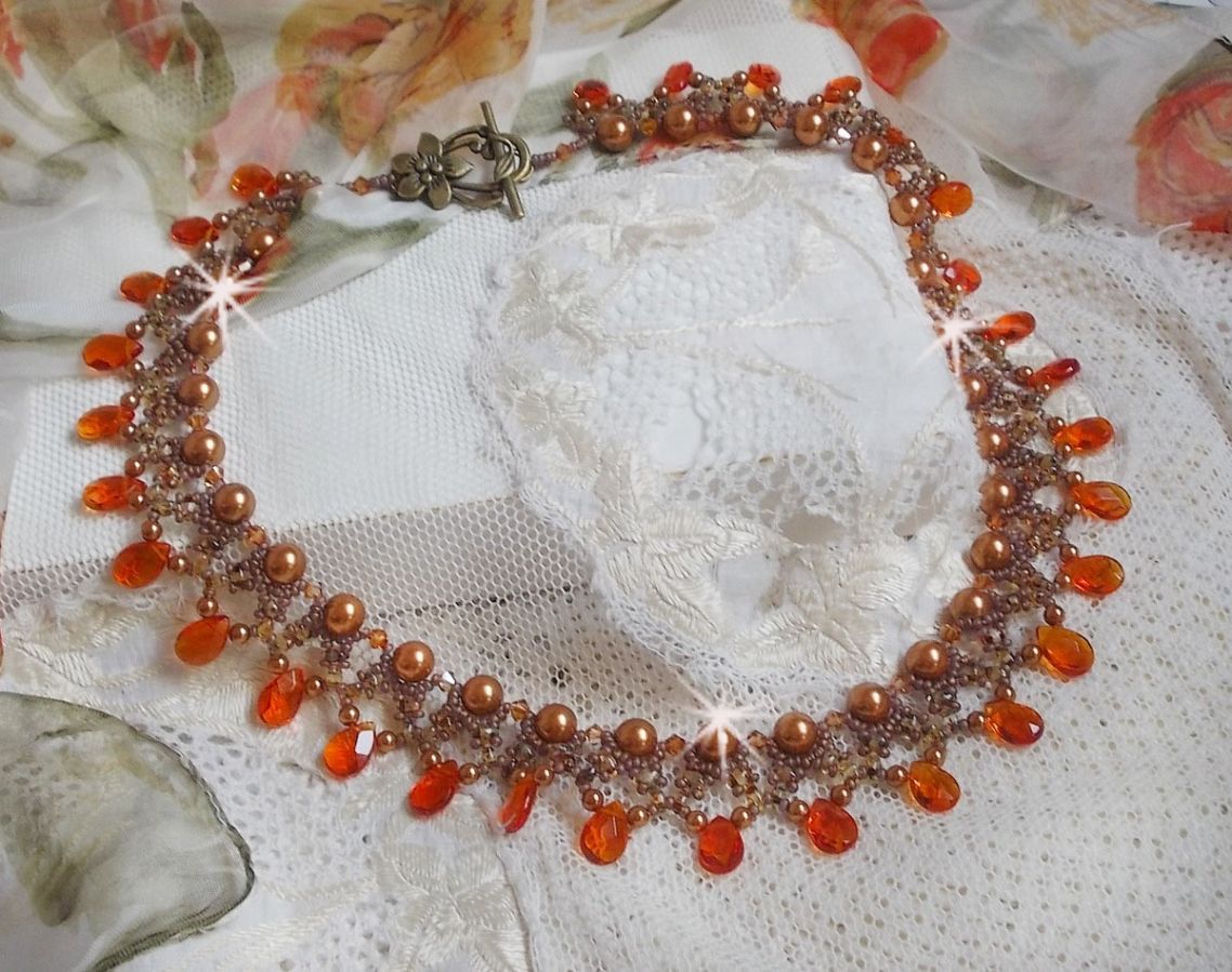 Amber necklace with Swarovski crystal pearls and faceted glass drops