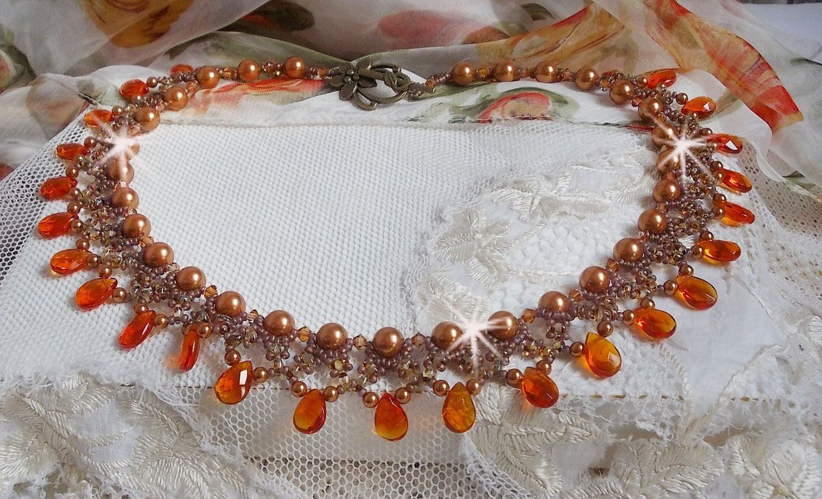 Amber necklace with Swarovski crystal pearls and faceted glass drops