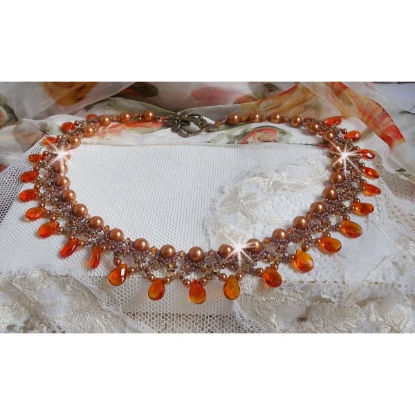 Amber necklace with Swarovski crystal pearls and faceted glass drops