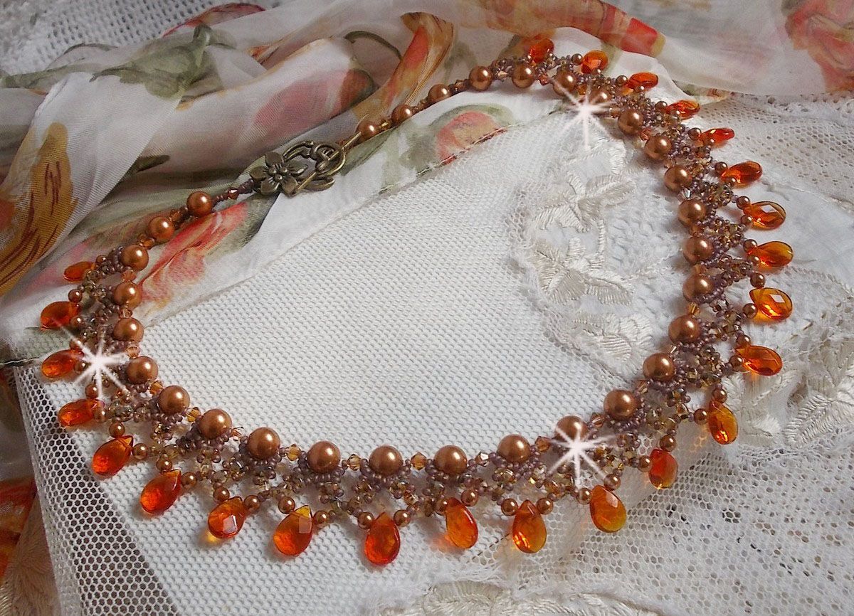 Amber necklace with Swarovski crystal pearls and faceted glass drops