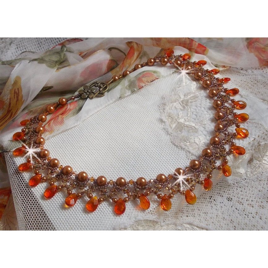 Amber necklace with Swarovski crystal pearls and faceted glass drops