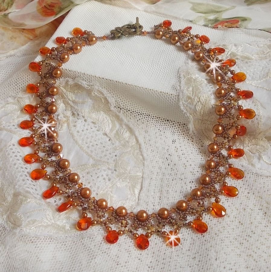 Amber necklace with Swarovski crystal pearls and faceted glass drops