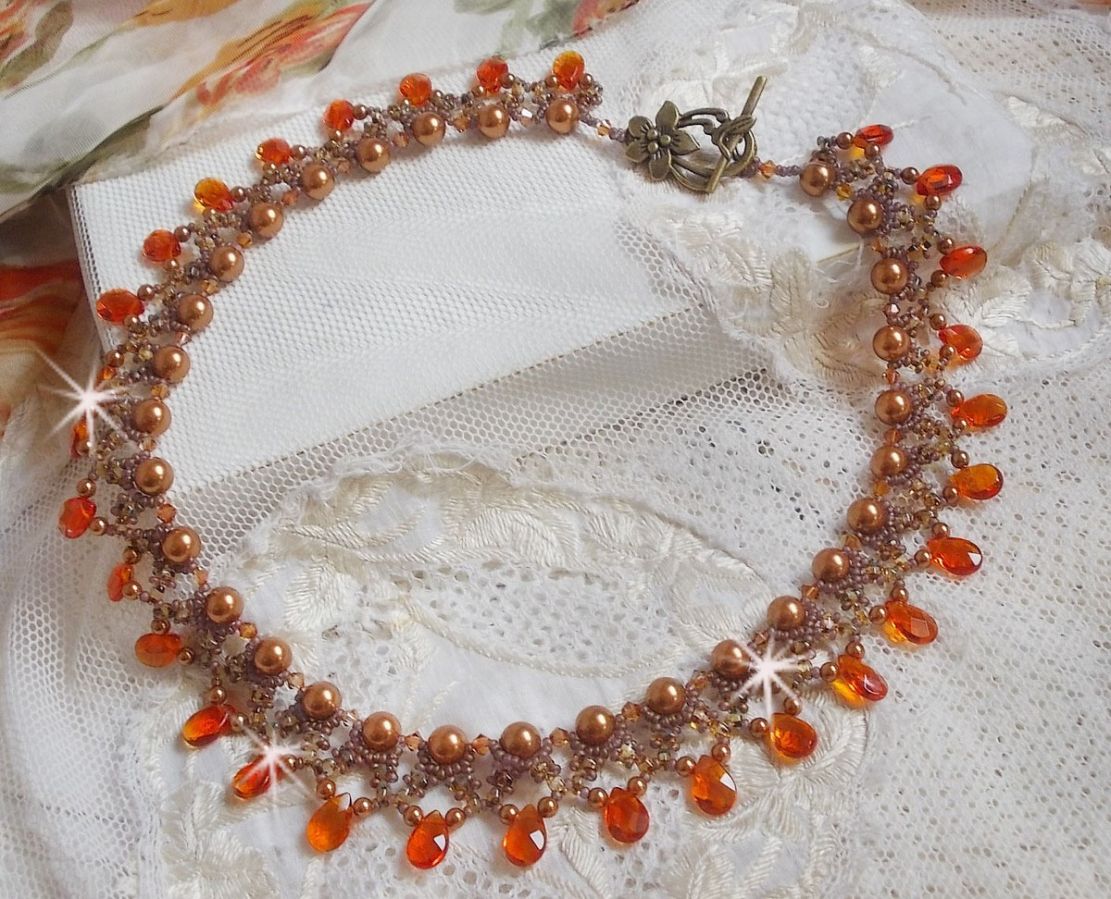 Amber necklace with Swarovski crystal pearls and faceted glass drops