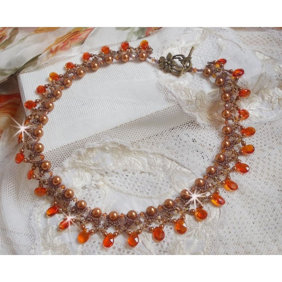 Amber necklace with Swarovski crystal pearls and faceted glass drops