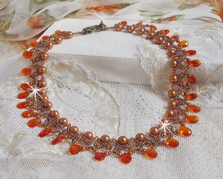 Amber necklace with Swarovski crystal pearls and faceted glass drops