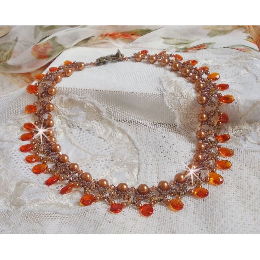 Amber necklace with Swarovski crystal pearls and faceted glass drops