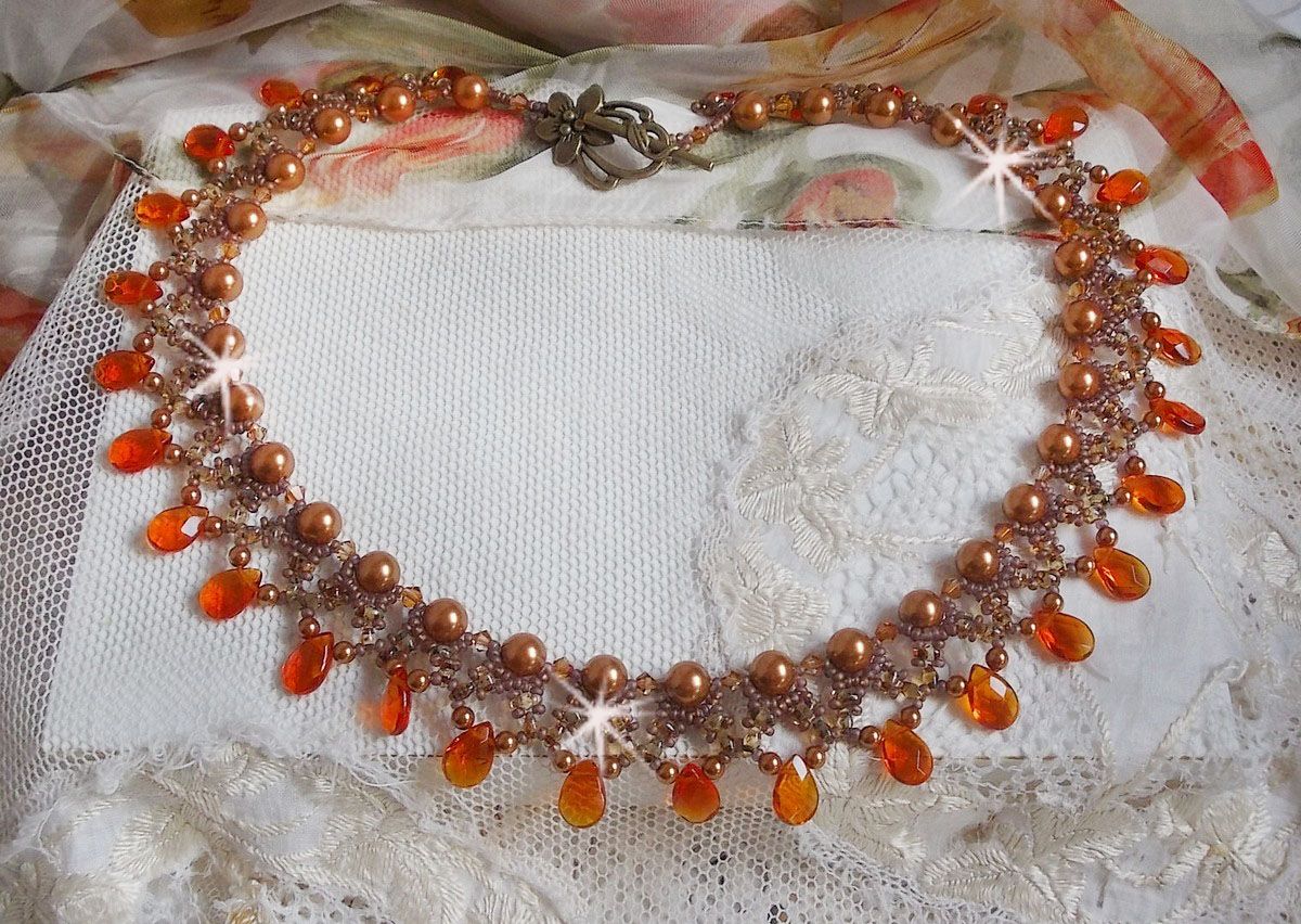 Amber necklace with Swarovski crystal pearls and faceted glass drops