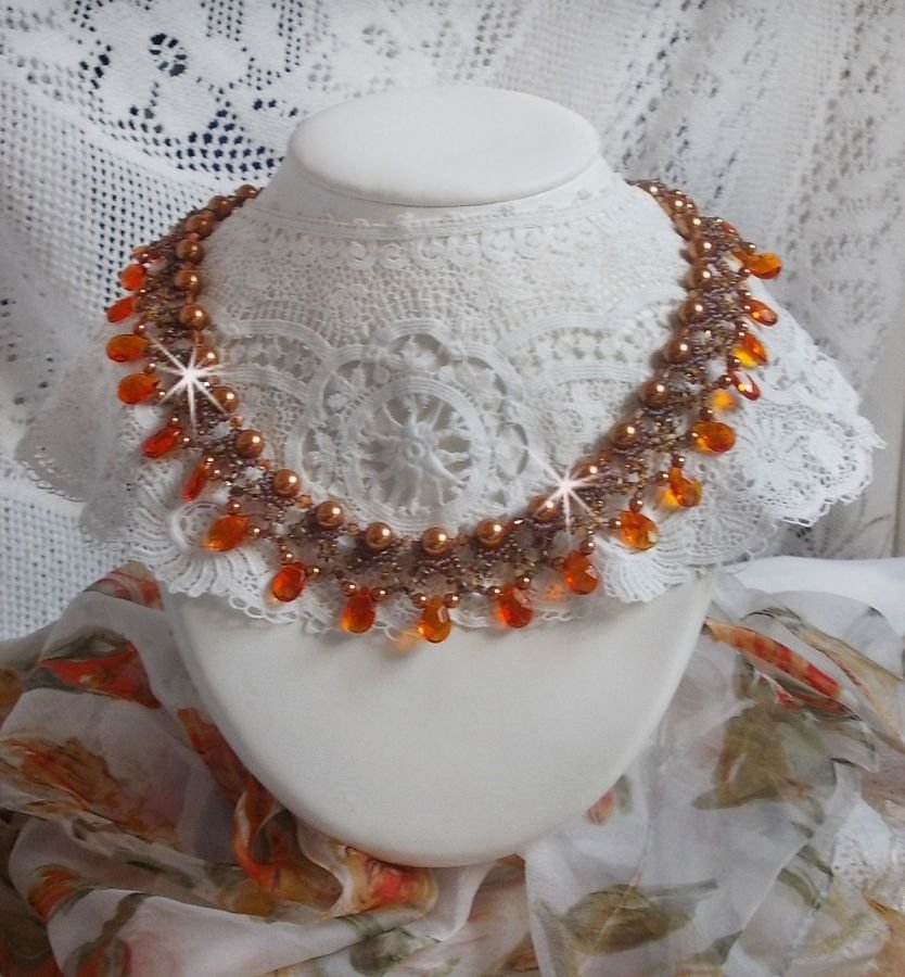 Amber necklace with Swarovski crystal pearls and faceted glass drops