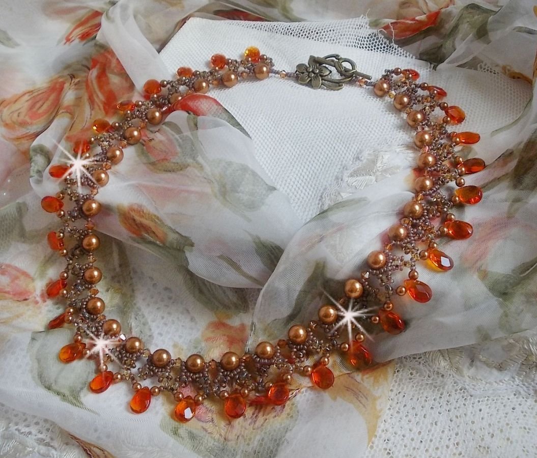 Amber necklace with Swarovski crystal pearls and faceted glass drops