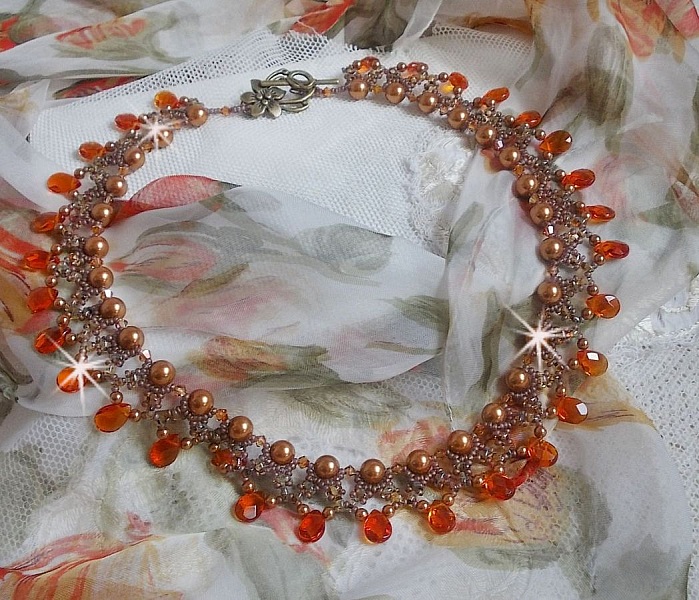 Amber necklace with Swarovski crystal pearls and faceted glass drops