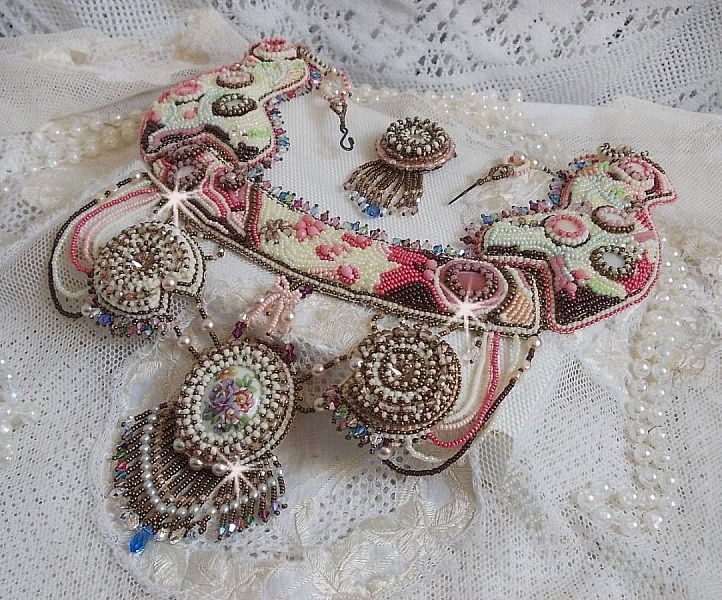 Arc-En-Ciel Haute-Couture necklace embroidered with a Limoge porcelain cabochon, Swarovski crystals and pearls. 