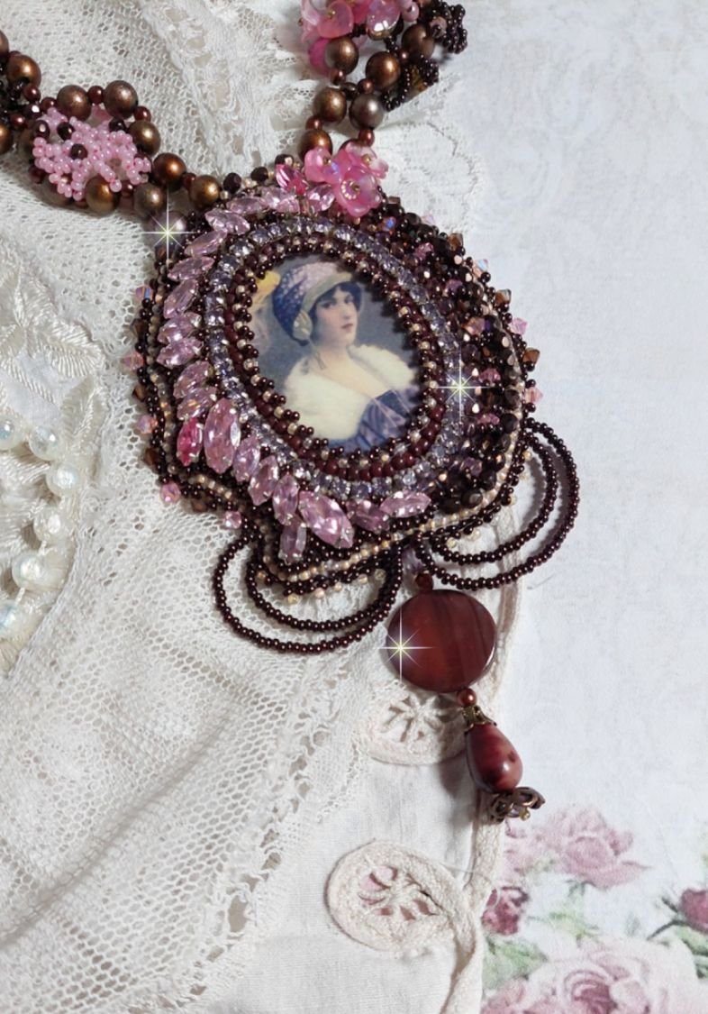 Belle Romance Haute-Couture necklace embroidered with a cabochon portrait of a woman in a hat with crystals, satin pearls, golden round pearls, mother of pearl cabochons and 