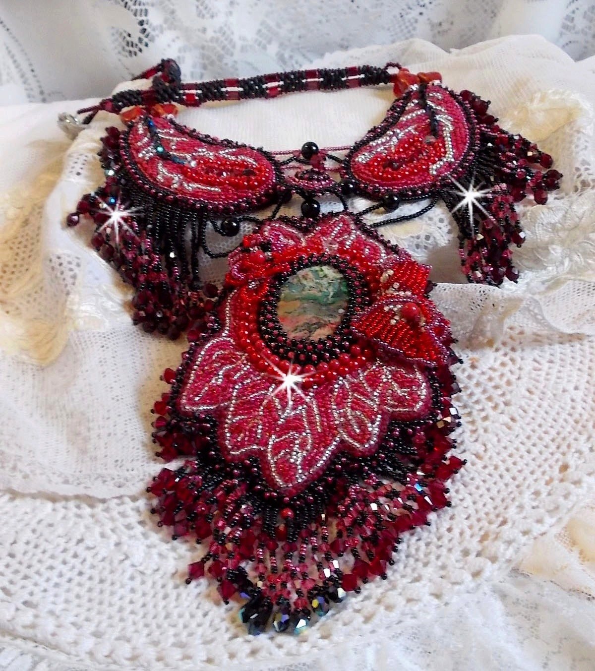 Cardinal necklace embroidered in red and black with red Jasper, onyx beads and Swarovski crystals