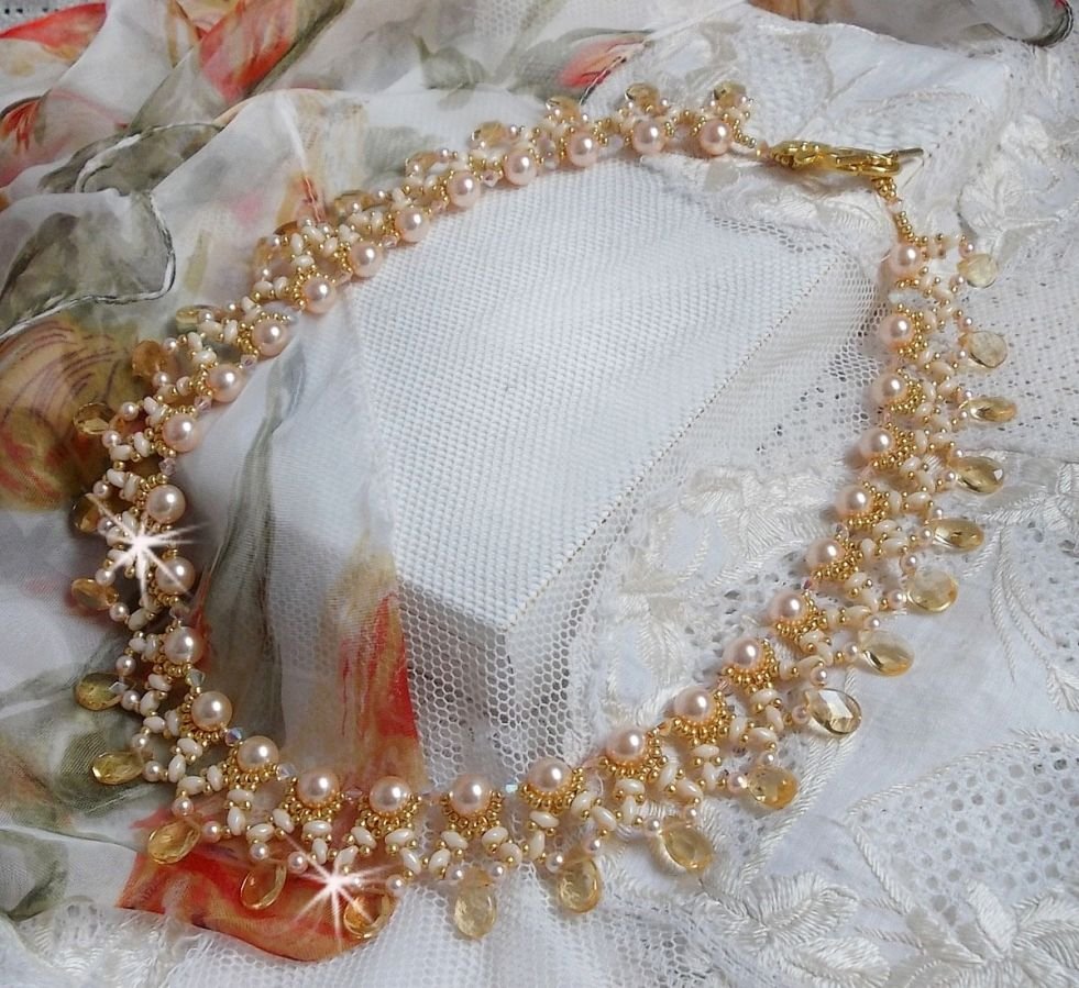 Champagne Charmeuse necklace with Swarovski crystals and faceted glass drops