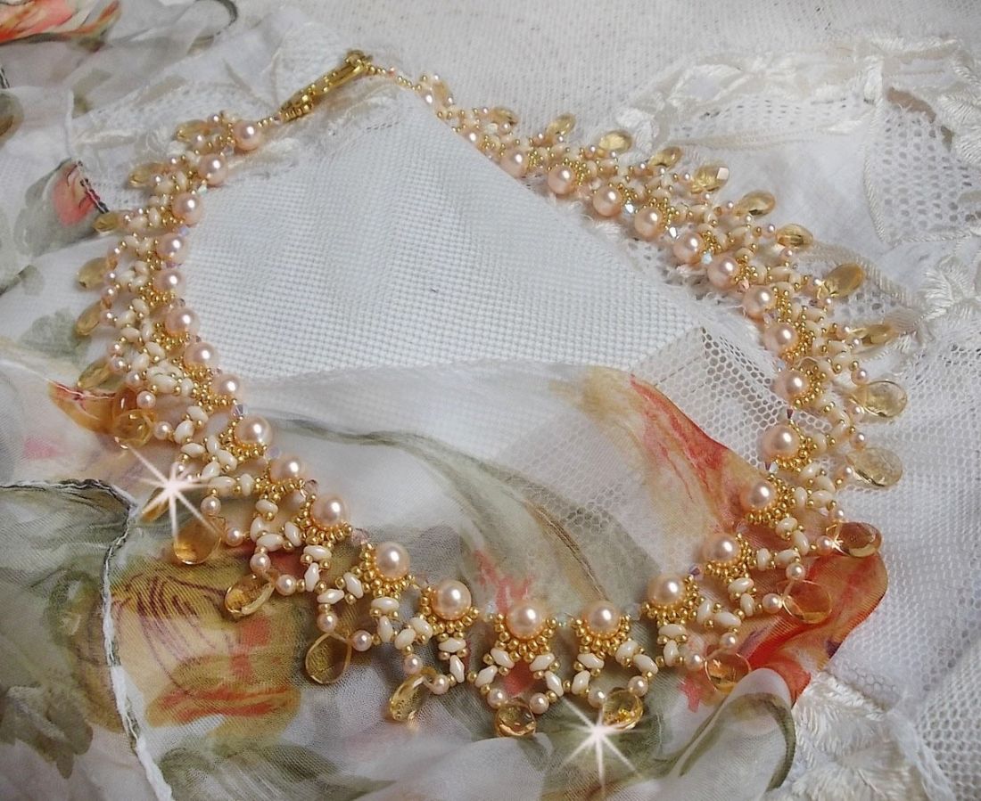 Champagne Charmeuse necklace with Swarovski crystals and faceted glass drops