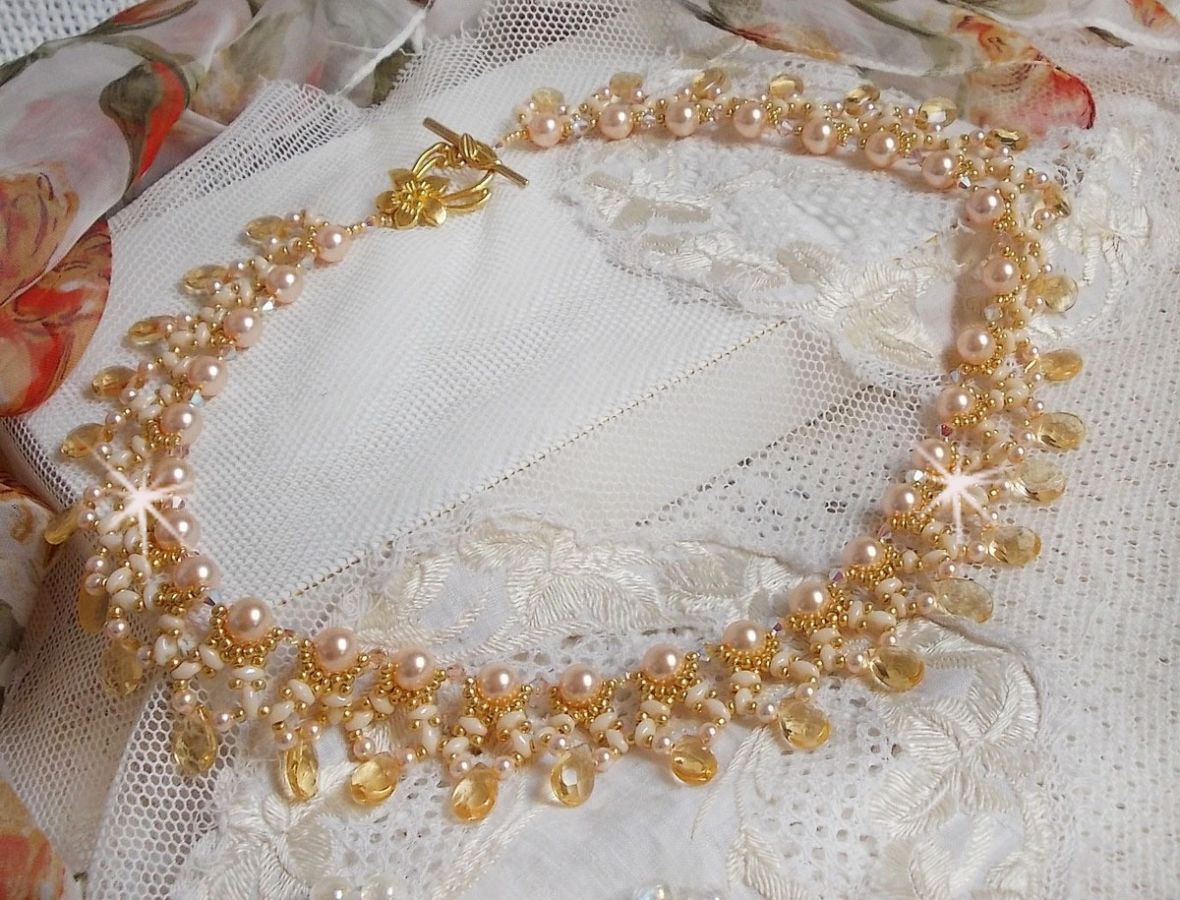 Champagne Charmeuse necklace with Swarovski crystals and faceted glass drops