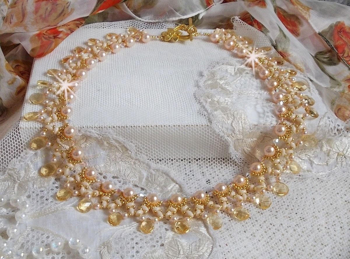Champagne Charmeuse necklace with Swarovski crystals and faceted glass drops