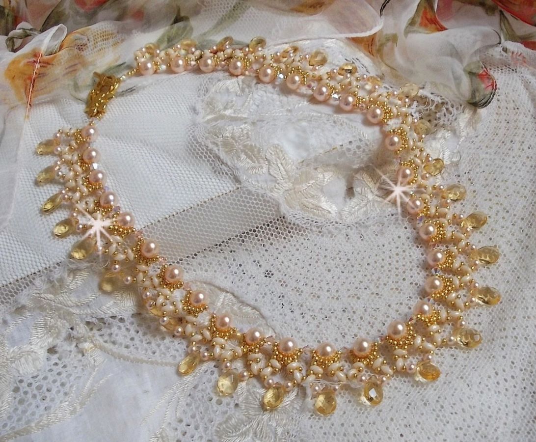 Champagne Charmeuse necklace with Swarovski crystals and faceted glass drops