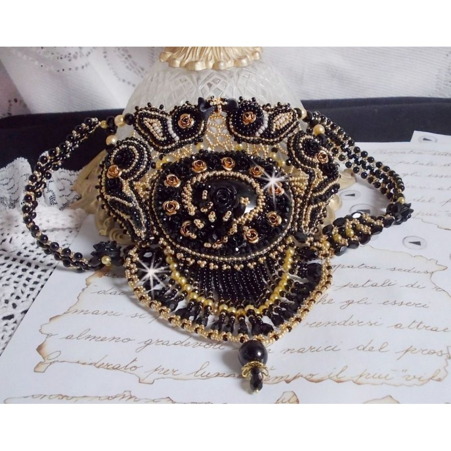 Cleopatra necklace embroidered with black onyx, pearls and seed beads 