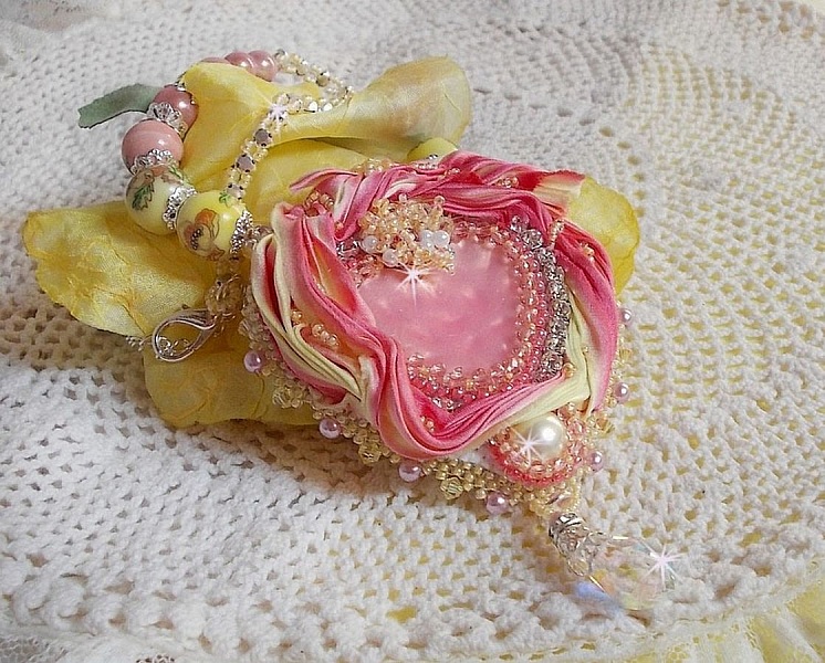 Tender Heart necklace embroidered with a pink and yellow silk ribbon, ceramic beads, Swarovski crystals and seed beads
