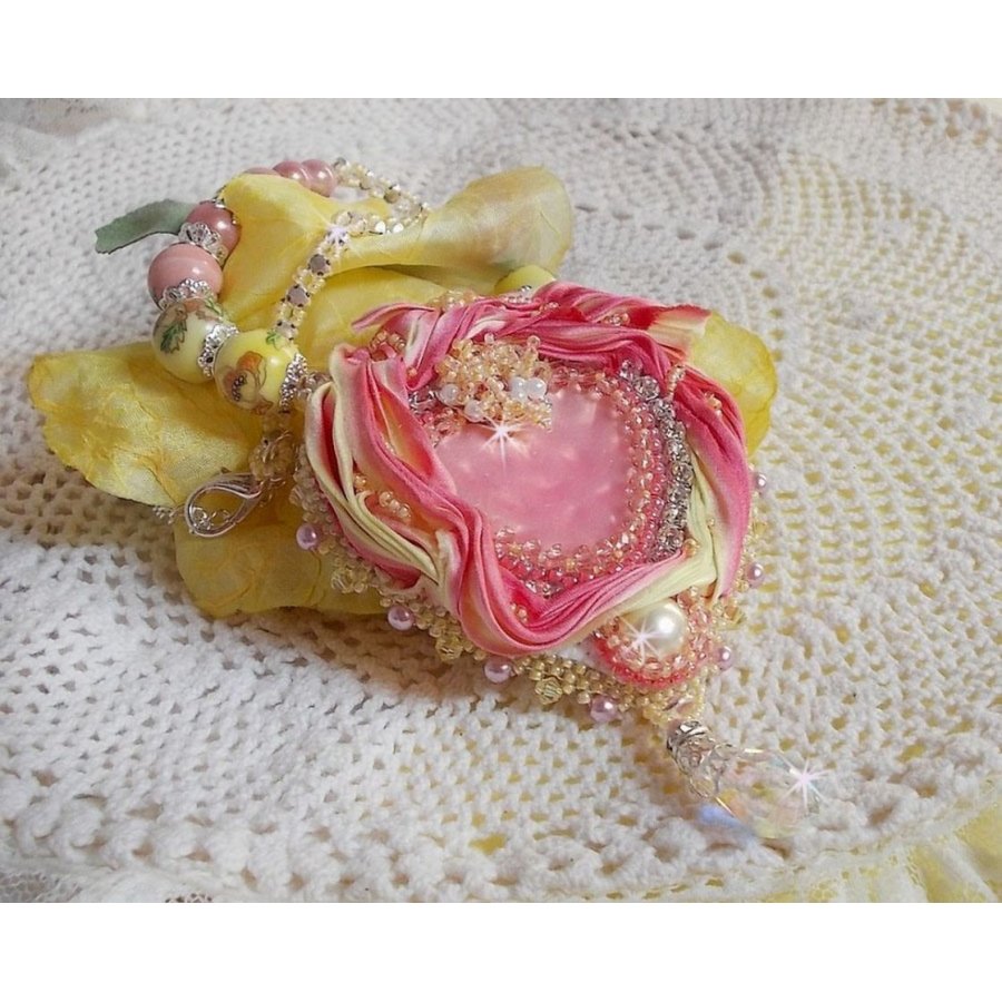 Tender Heart necklace embroidered with a pink and yellow silk ribbon, ceramic beads, Swarovski crystals and seed beads