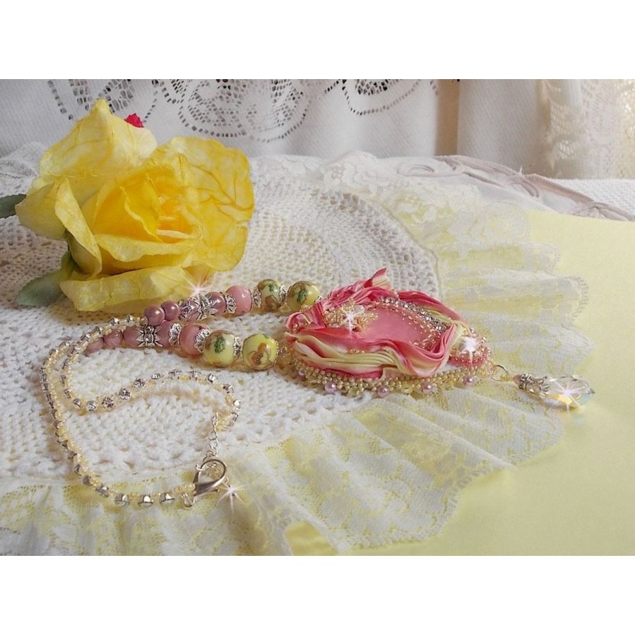 Tender Heart necklace embroidered with a pink and yellow silk ribbon, ceramic beads, Swarovski crystals and seed beads