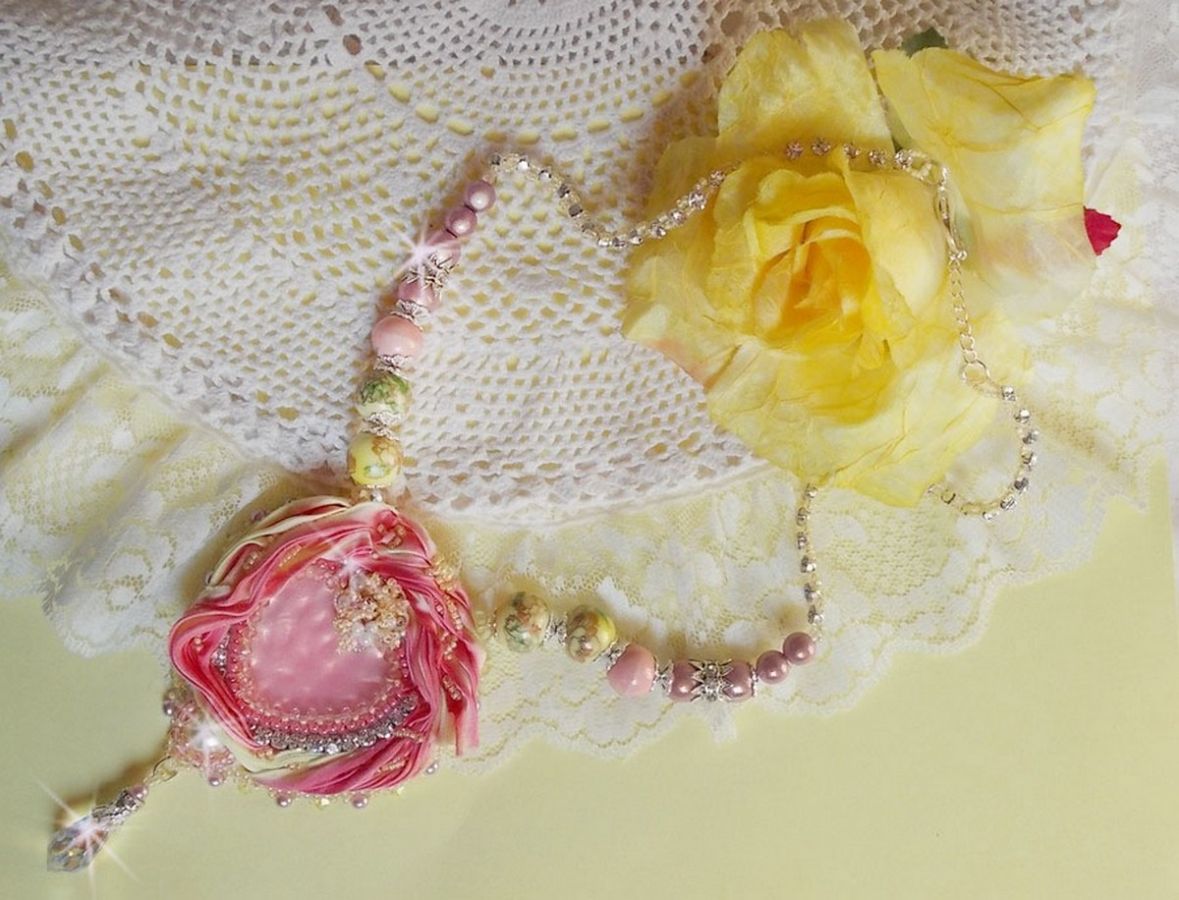 Tender Heart necklace embroidered with a pink and yellow silk ribbon, ceramic beads, Swarovski crystals and seed beads