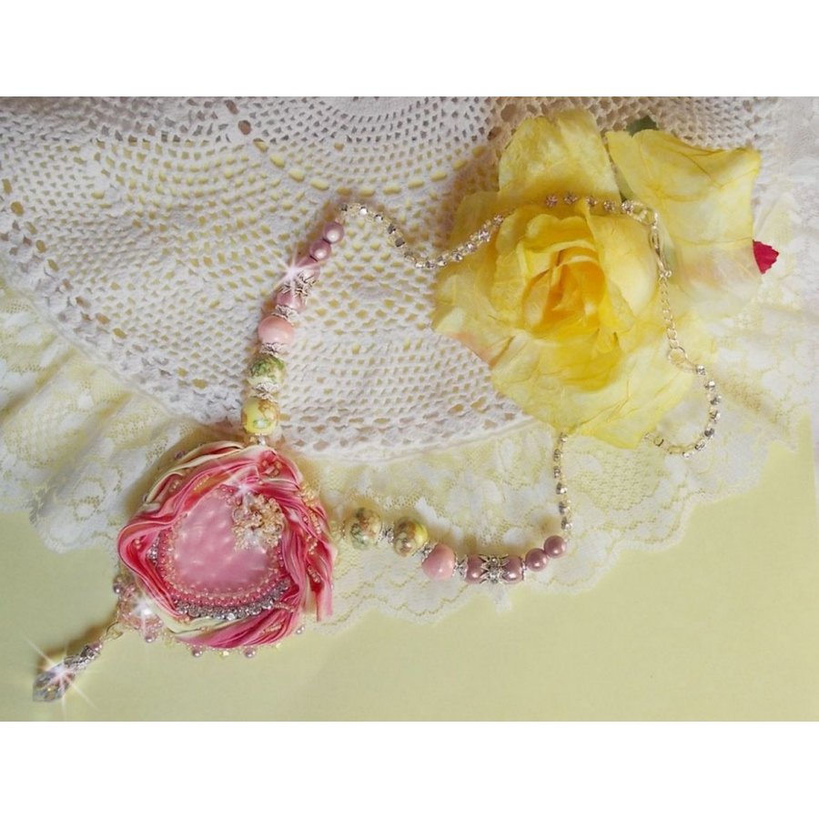 Tender Heart necklace embroidered with a pink and yellow silk ribbon, ceramic beads, Swarovski crystals and seed beads