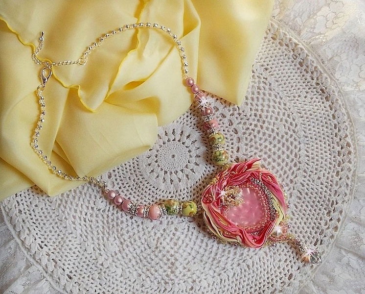 Tender Heart necklace embroidered with a pink and yellow silk ribbon, ceramic beads, Swarovski crystals and seed beads