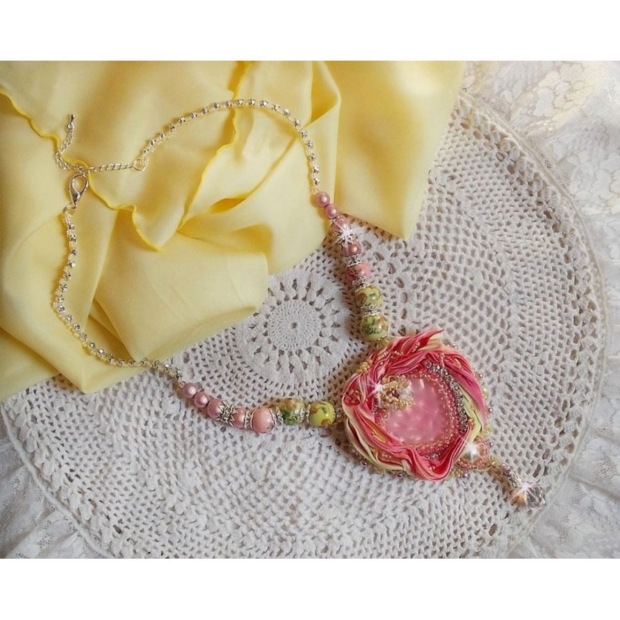 Tender Heart necklace embroidered with a pink and yellow silk ribbon, ceramic beads, Swarovski crystals and seed beads